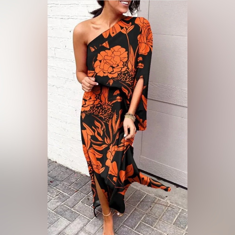 Vibrant Orange One-Shoulder Maxi Dress with Slit- great Summer Party look!